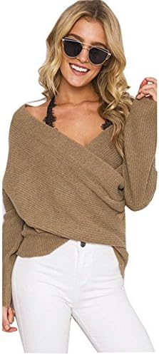Broadmix Womens Sexy V-Neck Pullover Drop Shoulder Criss Cross Wrap Casual Knit Sweater Top,onesize,Brown