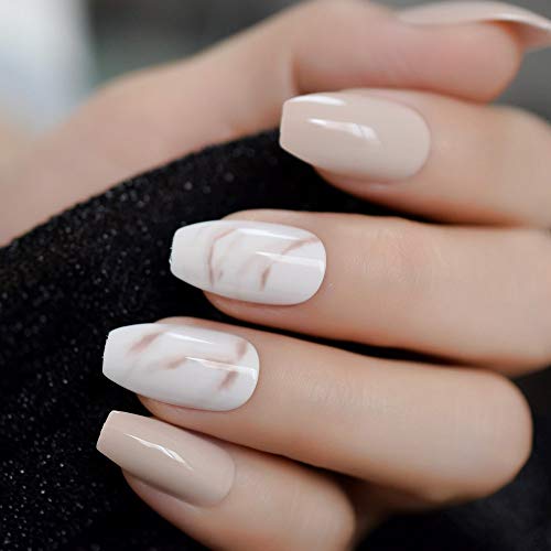 CoolNail 24Pcs Ballerina Fake Nails Khaki Nude Marble Coffin Flat Artificial False Nail Tips for Office Home Faux Ongle Free Glue Sticker - Thumbnail 6