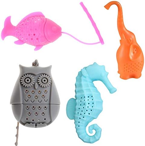 NUOMI Loose Leaf Tea Infuser Silicone Tea Strainers Filters 4 Pack, Long-Handled, Owl/Elephant/Sea-horse/Fish Shaped Infuser
