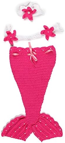 Newborn Baby Costume Handmade Knit Crochet Mermaid Headband Bra Tail Or Baby Girl Photo Shoot (deep pink)