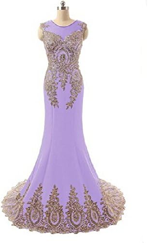 MOBAI Women's Gold Lace Appliques Mermaid Long Evening Gowns Party Prom Dresses (14, lilac)