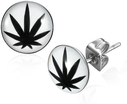 10mm Stainless Steel Marijuana Leaf Black and White Stud Earrings
