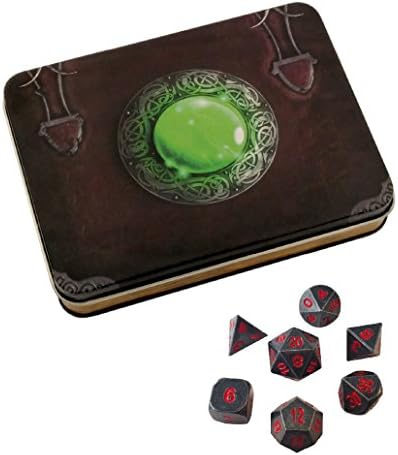 Skull Splitter Dice - Wizard's Grimoire with Butcher's Bill | Gunmetal Gray with Red Numbering Metal Dice - Solid Metal Polyhedral Role Playing Game (RPG) Dice Set (7 Die in Pack) with Dice Case