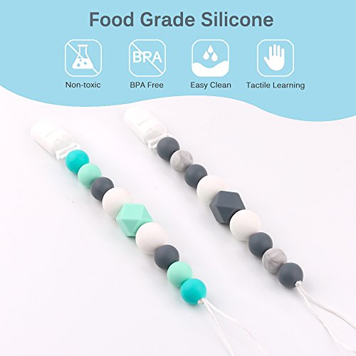 TYRY.HU Pacifier Clips Silicone Teething Beads BPA Free Binky Holder for Girls, Boys, Baby Shower Gift, Teether Toys, Soothie, Mam, Drool Bibs, Set of 2 (Green, Gray) - Thumbnail 2