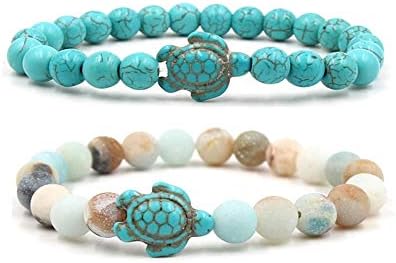 JOYID 8mm Sea Turtles Beads Bracelet Turquoise Natutal Stone Elastic Stretch Bracelet for Women Men