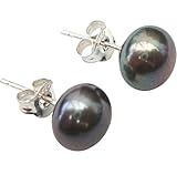 7mm Peacock/Aubergine (Black) Button Cultured Pearl Silver 925 Stud Earrings