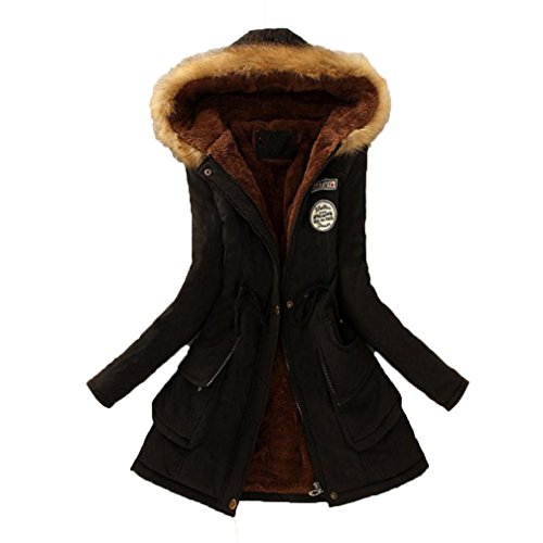 DEESEE(TM) Women Warm Long Coat Fur Collar Hooded Jacket Winter Parka Outwear (S, Black)