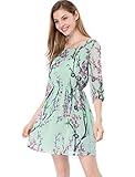 Allegra K Ladies 3/4 Sleeve Round Neck Floral Pattern Fully Lined Dress Mint S