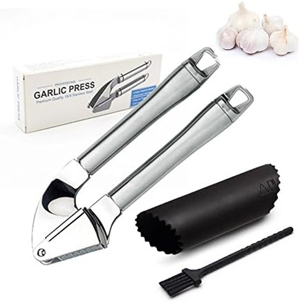 Garlic Press and Garlic Peeler with Silicon Tube Roller and Cleaning Brush. Stainless Steel Eco Friendly Easy To Use, Easy To Clean with Garlic Clove Crusher and Skin Remover (Set of 1)