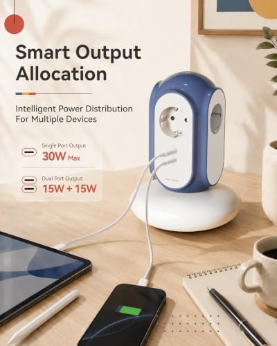 Ciabatta elettrica con 3 prese e 2 USB-C (ricarica rapida da 30 W), 3680 W/16 A, protezione da sovratensione, supporto da 479 g, cavo di prolunga da 2 m, protezione da sovraccarico