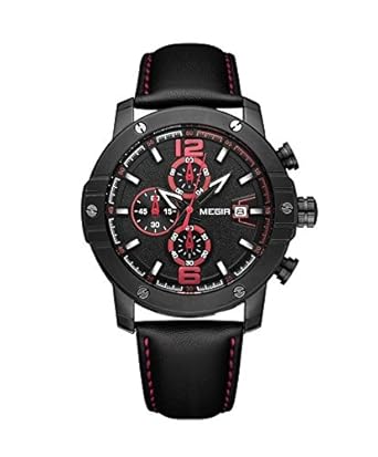 Megir Elegant Design Analog Chronograph Sports series Genuine Leather Watch -2046 Black
