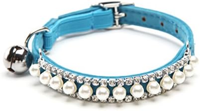 BlingPet Soft Velvet Bling Artificial Diamond &amp; Pearl With Bells Adjustable Cat Collar Necklace for Small Cat (Blue)