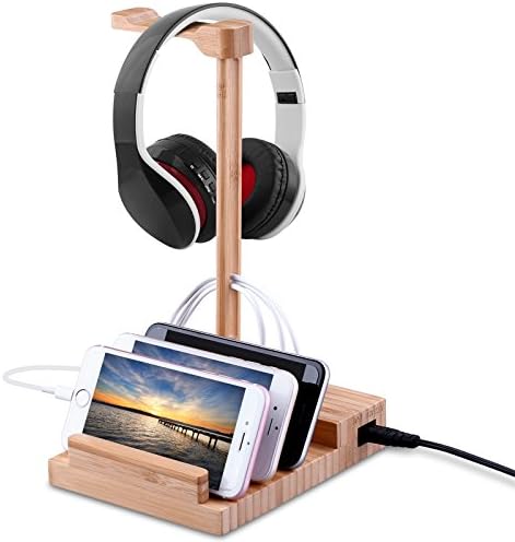 Wooden Headphone Stand, HOCOSY Bamboo Headephone and Phone Pad Stand With 5V 3A Smart USB charging Port, headphone stand