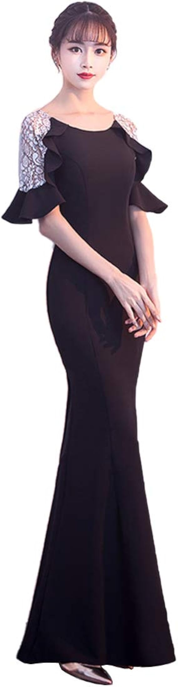 Amazon Fasele ワンピース ドレス イブニングドレス ロング丈 ホルターネック レースハス辺袖 タイト マーメイド 優雅 高貴 パーティー 演奏会 二次会 忘年会 司会者 イブニングドレス 通販