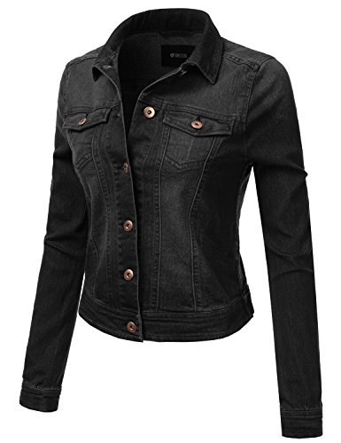 DRESSIS Womens Vintage Button Down Denim Jacket Black L