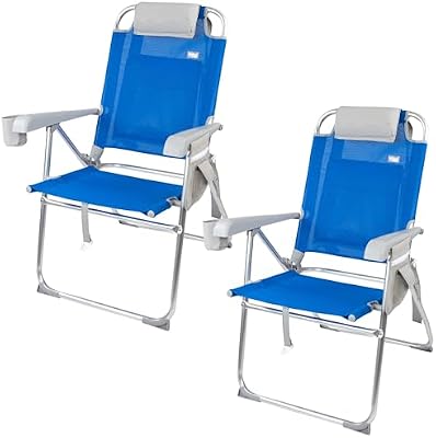 Pack 2 sillas de Playa Plegables, 47x63x99 cm, 8 Posiciones, Color Azul, Soportan 110 kg, Incluyen cojín, Posavasos, Bolsillos, Asas de Transporte, Topes antivuelco, Tejido textileno (85482)