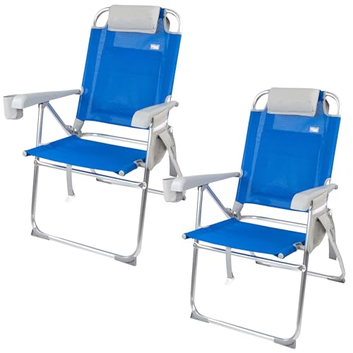 Pack 2 sillas de Playa Plegables, 47x63x99 cm, 8 Posiciones, Color Azul, Soportan 110 kg, Incluyen cojín, Posavasos, Bolsillos, Asas de Transporte, Topes antivuelco, Tejido textileno (85482)