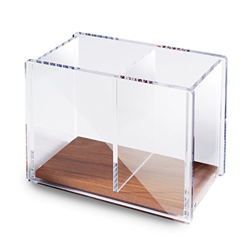 Acrylic Pencil Pen Holder Large, Zodaca [2 Compartments with Wood Base] Acrylic Pen Pencil Holder Large Capacity for Desk Desktop Stationery Organizer Desk Accessories, Clear/Brown (4.9" x 4" x 2.9") - Thumbnail 6