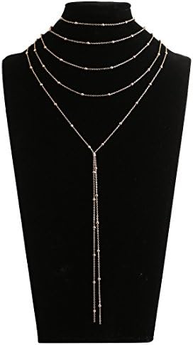 Lariatneck Multilayer Y Necklace Exquisite Sequins Beads Choker Necklace with Long Chain Drop Pendant Rose Gold