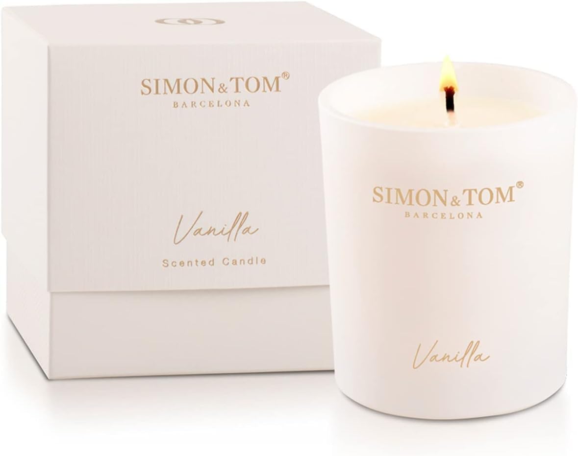Simon&Tom Highly Scented Premium Vanilla Candle 100 Hour Burn, Natural Organic Soy Wax, Aromatherapy Glass Candle Jar, with Matte White Gift Box, Vegan