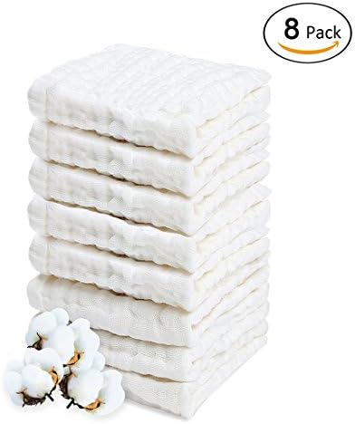Baby Muslin Washcloths and Towels - Natural Muslin Cotton Baby Wipes, Reusable and Extra Soft Newborn Baby Bath Washcloths, Perfect Shower Gift 8 Pack 10”x 10” White