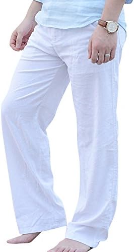 Mens Casual Linen Pants Baggy Plus Size Beach Pants Elastic Waist