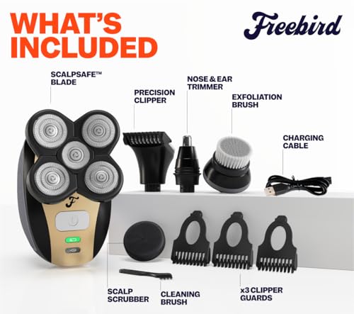 Freebird FlexSeries Electric Head & Body Hair Shaver - Mens Cordless Rechargeable Wet/Dry Skull Bald Head Back & Groin Waterproof Razor with Rotary Blades, Clippers, Nose Trimmer, Brush, Massager