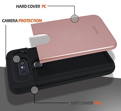 G5 Wallet Case [Card Slot] [Heavy Duty] [Slim Fit] Ergonomic Dual Layer Hybrid PC TPU Tough Shield Front Screen Drop Protection Rubber Back Bumper Slide Cover LG G 5 (Rose Gold) - Thumbnail 4