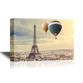 Canvas Wall Art - Retro Style Colorful Hot Balloons Above Eiffel Tower - Gallery Wrap Modern Home Art | Ready to Hang - 12x18 inches