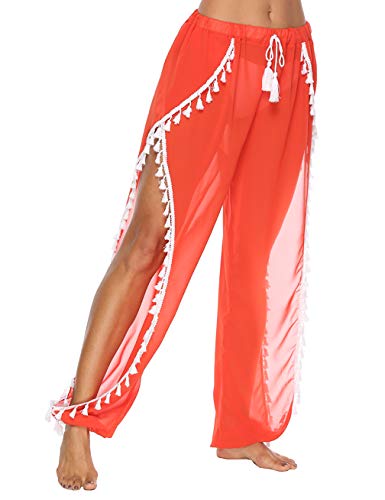 Blingfit Women's Fashion Sheer Pom Pom Trim Kaftan Chiffon Swimwear Beach Cover Up XL - Thumbnail 4