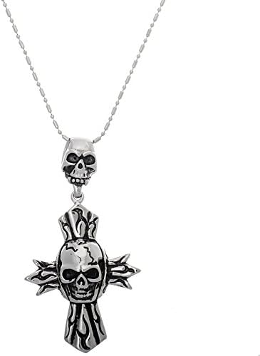 Men's Stainless Steel Oxidized Skull Cross Bead Chain 24" Pendant Necklace