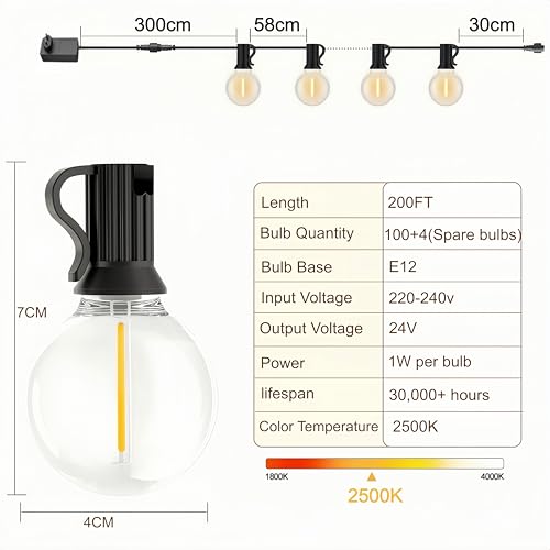 LaPitio Guirnalda Luces Exterior Impermeables con Bombillas Irrompibles | 60M, 100+4 Bombillas, Conectable, 2500K Blanco Cálido, para Fiestas de Cumpleaños, Bodas, Terrazas, Jardines Medianos