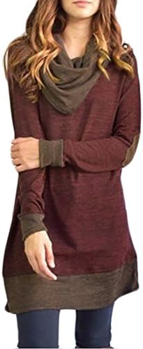 pujingge Women's Casual Cowl Neck Tops Elbow Patch Pullovers Loose Long Tunic Blouse Wine Red XL