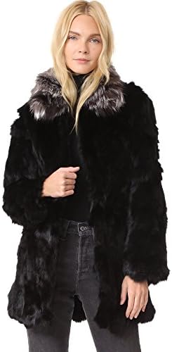 Adrienne Landau Women's Rabbit Coat With Fox Collar, Black, Large