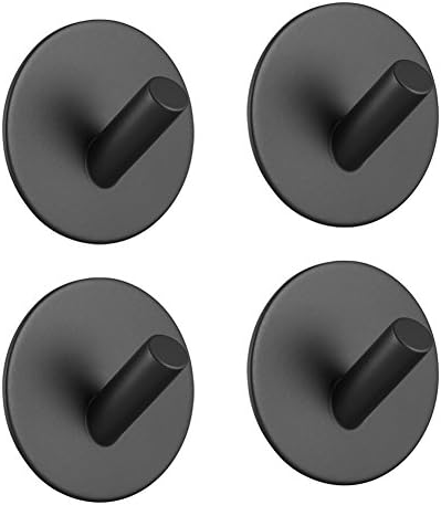 Hgery Adhesive Hooks, Self Adhesive Black Wall Mount Hook for Key Robe Coat Towel, Super Strong Heavy Duty Stainless Steel Hooks, No Drill No Screw, Waterproof, for Kitchen Bathroom Toilet, 4 Pack