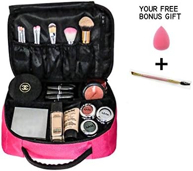 Makeup Case Travel Bag Organizer Adjustable Dividers – Medium Size 10.5” Fits Any Cosmetics Stylish Perfect Professional Accessories Kit With Bonus Gifts Rose Pink By Angelgear