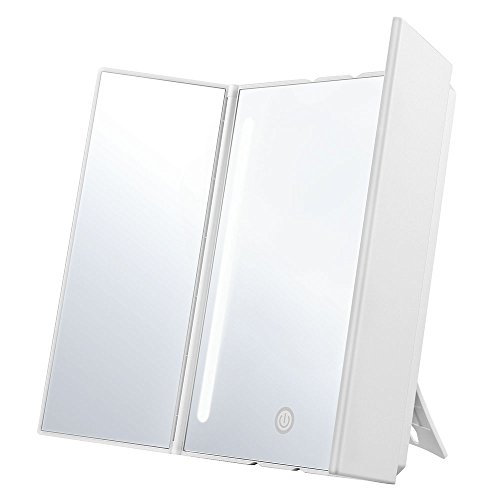 Jerrybox Makeup Vanity Mirror with LED Lights Trifold Cosmetic Mirror with Touch Screen, Dual Power Supply,180 Rotation