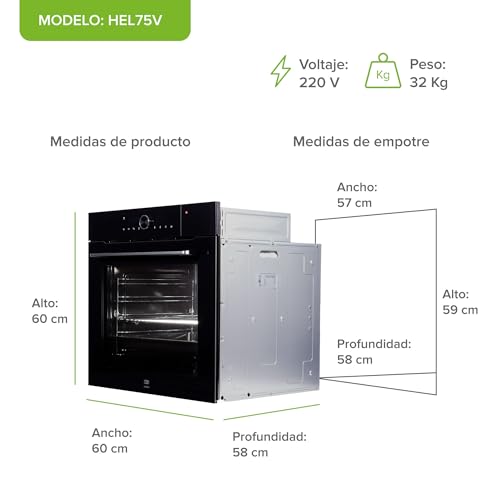 AVERA Horno eléctrico empotrable con vapor asistido 75 L, 220 V, 15 funciones integradas, Temperatura de hasta 250°, Temporizador con alarma, Panel digital, Control WIFI, Bloqueo infantil | HEL75V