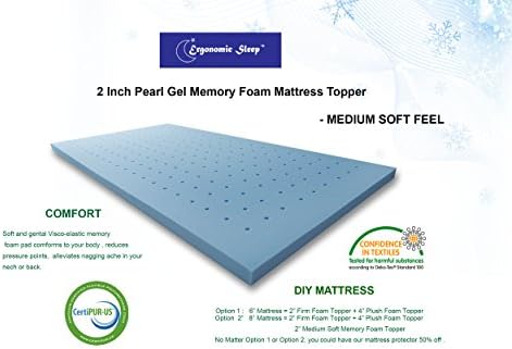 Ergonomic Sleep Twin X-Large Medium Plush Feel Gel Memory Foam Mattress Topper Pad, 2", Blue