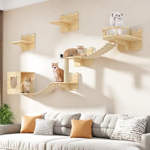 Homiflex Cat Wall Shelves, Cat Shelves and Perches for Wall, Set of 9 Wooden Ca…