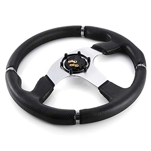 JZK New Classic Universal Steering Wheel 350mm 6 Bolts PVC Material Grip and Brushed Stainless Spokes - Thumbnail 3
