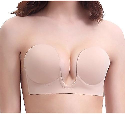 [2018 Newest Version] Push up Plunge Invisible Adhesive Bra Sticky Strapless Backless Bra for Women(U-Nude-A)