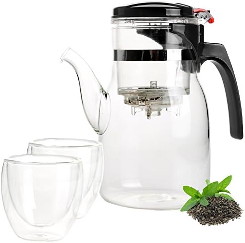 My Tea Maker | 30.4oz Glass Teapot and 2pcs 2.7oz Cups with Removable Infuser | Anti-Scratch Heat-Resistant Corrosion-Free Safe Food Grade Glass with Strainer for Loose Leaf Tea Brewing | 936.2