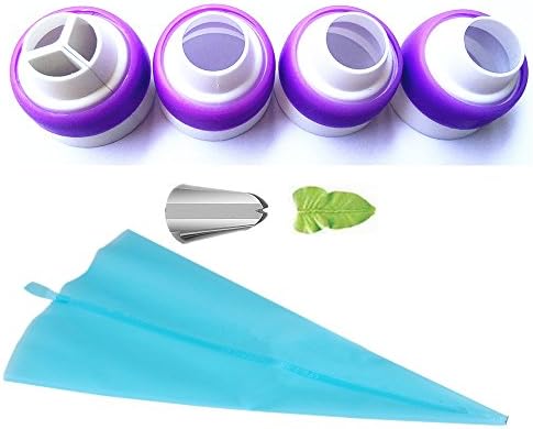 Great Polly 6 in 1 Russian Piping Tips Coupler,3 Single Color Coupler 1 Tri-Color Coupler For Large Size Icing Nozzles, 1 Standard Size Leaf Icing Tip 1 Silicone Pastry Bag for Leaf Tip