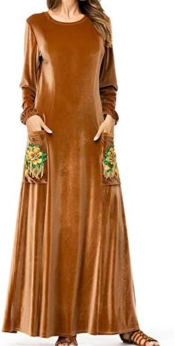 BYWX Women Embroidery Long Sleeve Velvet Abaya Jilbab Muslim Maxi Dress