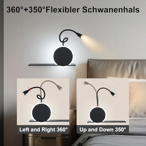 LED Bedside Reading Light, 2-Piece Wall Lamp with Switch, Reading Lamp with USB Charging Port + Type C, 3W 3000K + 9W 6000K Bed Head Lamp, Bedside Lamp for Hotel Room, Black