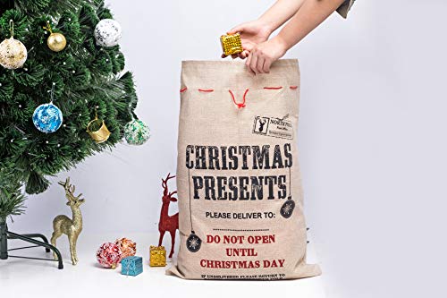 Xena 1 Piece Tan Red Black Extra Large Cotton Christmas Santa Gift Sack Bag W Drawstring 26.5 x 19 Inch Personalize Boy Girls"Christmas Presents" Hiding Spot Winter Holiday Decoration - Thumbnail 6