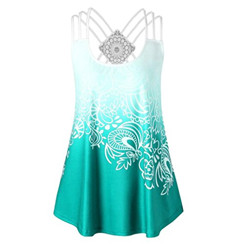 vermers Women Tank Tops Fashion Bandages Sleeveless Vest Lace Strappy Print Tank Tops (M, Green)