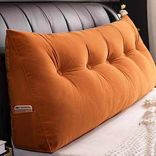 ロングクッション ウェッジ枕 背もたれ位置サポート 60 50cm ベッド オレンジ ポケット付き 読書枕 腰椎パッド ヘッド クッションをベッド 背もたれ 畳ソファクッション 腰枕 自宅用 三角クッション ソフトバッグ ヘッドボード用 腰部クッション