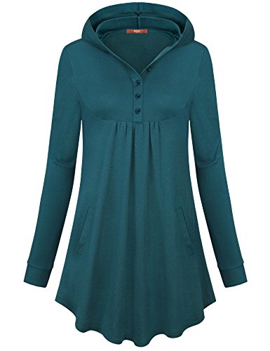 Gaharu Hoodie Dress For Women, Active V Neck Long Sleeve Pullover Ladies Casual Blouse Relaxed Fit Hooded Sweatshirts Dark Cyan,M